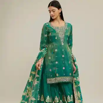 Green Tissue Floral Woven Sharara Suit